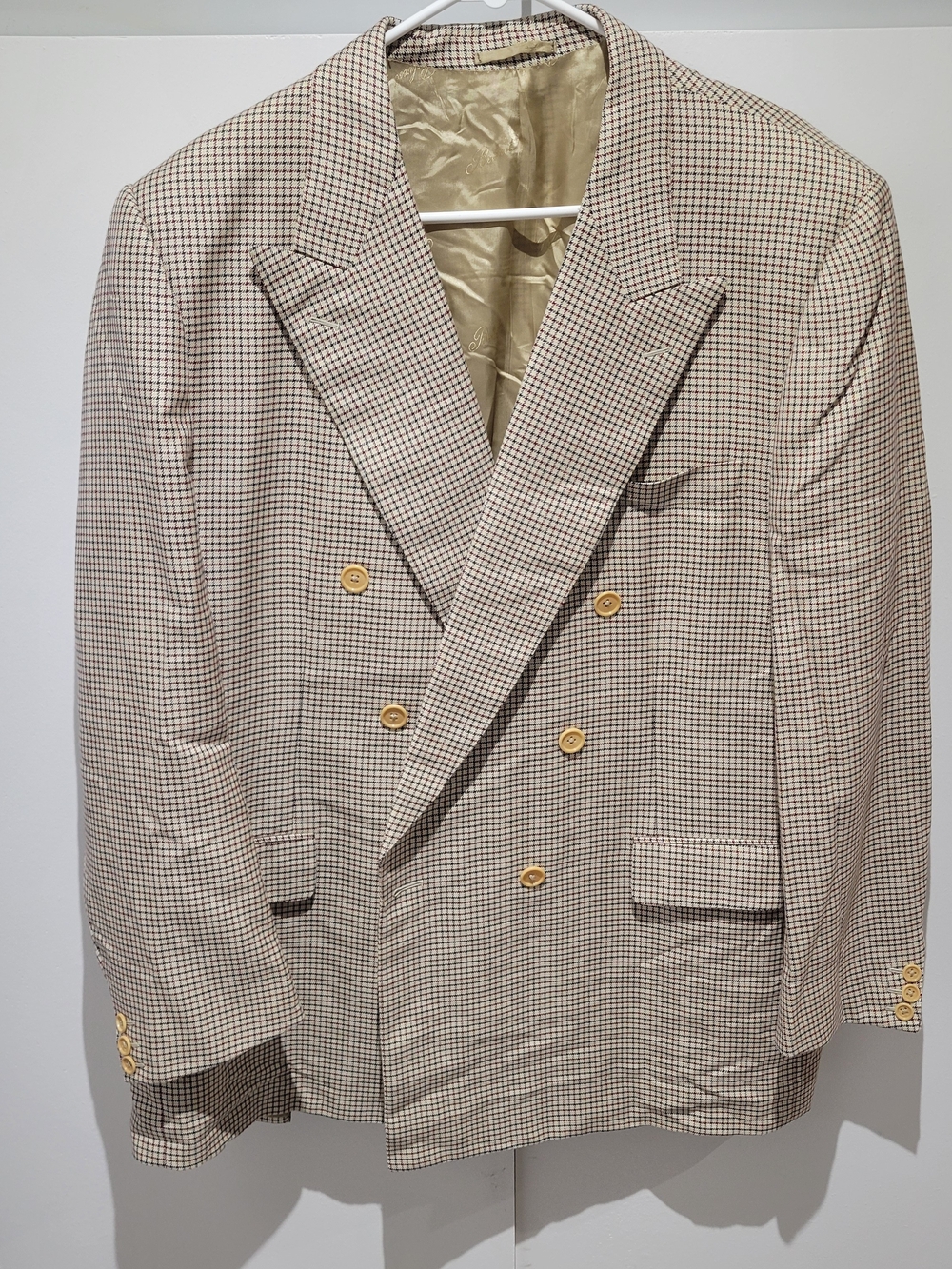 Vintage Belvest Italy Silk Wool Houndstooth Double Breasted Blazer Sz 46R EU 56